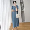 Maternity Dresses 5038# Summer Thin Ice Cool Pleated Knitted Maternity Long Dress Elegant A Line Loose Clothes for Pregnant Women Ins OL Pregnancy 230417