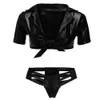 Sexy Costume Lingerie Leather Fabric Bare Chest Crop Top Low Cut Blouse Erotic Panties Bra Knicker Set Hollow Out Sexy Bodysuit Thong