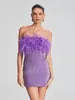 Feather Strapless Sequins Sparkle Sexy Mini Dress For Women Fashion Off-shoulder Backless Club Party Sexy Dress Elegant