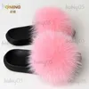Kvinnor Real Summer Fur Slides Woman Flip Flops Sandaler Damer Söta fuzzy fluffig Plush Fox Furry Slippers House Shoes T231104