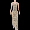 Stage Wear Sparkly Rhinestones Mirrors Evening Gown Prom Party Birthday Dress For Women High Split Long Sexy Show Costume