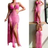Casual Dresses 50JB Womens Sexy See-Through Mesh Beach Cover Up Sleeveless Halter V-Neck Backless Cutout Split Ruffle Long Swimwear