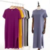 Casual Dresses 94 Cotton Summer Women's Solid Short Sleeve Spilt Long Midi Dress Fashion Sundress Female Clothing 230403