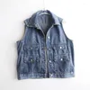 Kvinnors västar 2023 Spring och Autumn Fashion Denim Vest Women's Short Casual ärmlös jacka Waistcoat Single Breasted Lapel Tops