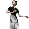 Abbigliamento etnico Stampa inchiostro Cheongsam di bambù Stile cinese Abito Qipao da donna Abiti sexy lunghi slim con colletto alla coreana con bottoni vintage