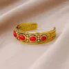 Bracelet de luxe en pierre rouge artificielle pour femmes, en acier inoxydable, couleur or, manchette, bijoux Vintage, accessoires, cadeau