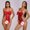 Costume sexy Collant sexy Bowknot Halter Reggiseno rosso da donna Body morbido e liscio Lenceria Para Mujer Natale Migliori regali di coppia