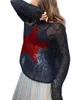 Женские свитера, женские вязаные укороченные топы Y2K, футболка с вышивкой звезд и круглым вырезом, вязаная крючком футболка с длинными рукавами-колокольчиками, милые полые рубашки