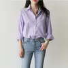 Womens Blouses Shirts Spring Blouse Striped Turndown Collar Office Lady Tops Full Sleeve Light Purple Fashion Female blusas 230404