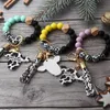 Party Silicone Cursive Cow Bead Bracelet Wood Disk Bracelet Keychain Cow Tassel Ox Head Wrist Key Ring Charm Pendant Accessory FY3450