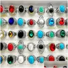 Band Rings Fashion 30 Pieces/Lot Turquoise Band Rings Jewelry Large Size Crystal Antique Sier Natural Stone Ring Womens Men Party Gift Dhvku