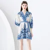 Woman White Mini Paisley Floral Dress Luxury Designer Long Sleeve V-Neck Vacation Bow Lace Up Waist Vintage Dresses 2023 Spring Autumn Slim Runway Cute Party Frocks