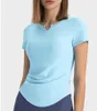 lu-386 rayé côtes Yoga hauts mode plissé petit col en v sport chemise à manches courtes femmes Fitness course Slim Fit vêtements de sport