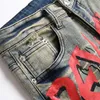 Jeans pour hommes Punk rétro bleu grande poche Slim Stretch imprimé et teint petit pantalon droit en Denim couleur Graffiti Streetwear