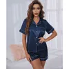 Women s Sleepwear Womens Silk Satin Pajamas Set Short Sleeve Two piece Pj Sets Loungewear Button Down 230404