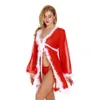 Kerstvakantie Witte Fuzzy Bontversiering Rode Kimono Robe met Panty Set Vrouwen Sexy Kerstman Intieme kleding Lingerie Pure Lacy Sleepw289t