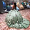 メキシコセージグリーンオフショルダーボールガウンQuinceaneraドレスガール3DFLOWERSバースデーパーティーガウンプロムドレススウィート16