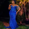 2023 Nov Aso Ebi Árabe Sereia Royal Blue Prom Dress Sheer Neck Lantejoulas Lace Noite Festa Formal Segunda Recepção Aniversário Vestidos de Noivado Vestidos Robe De Soiree