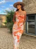 Casual Dresses 2023 Orange Boho Printed Slip Dress Sexig Cross Bandage Back Open Club Party Maxi Women Summer Beach Wear Clothes A1186