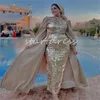 Shine Champagne Sequin Evening Dress Arabic Glitter Gravid Dubai Turkiet Prom Dress with Overskit Train Långärm Formell festklänning 2024 Vestidos de Festa