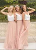 2023 Blush Pink Tulle Two Piece Bridesmaid Dresses Long Cheap White V-Neck Ruched Floor Length Boho Maid Of Honor Gowns