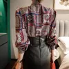 Kvinnors blusar Spring Autumn Elegant Bow Women Korean Style Casual Vintage Printing Shirts Simple Office Wear Work Tops