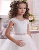 Robes de fille Blanc Fluffy Tulle Fleur Robe Dentelle Rose Bow Ceinture Perlée Pour Mariage Enfant Fête D'anniversaire Célébration Personnalisée