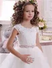 Abiti da ragazza Abito a fiori in tulle soffice bianco Cintura con fiocco rosa in pizzo con perline per la celebrazione della festa di compleanno del bambino di nozze personalizzata