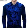 Camicia in velluto di velluto blu reale da uomo 2020 Primavera New Slim Fit manica lunga da uomo Camicie eleganti floreali Casual Button Down Chemise 2XL227N