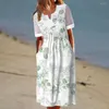 Vestidos casuais vestido de verão as mangas curtas Hollow Midi Floral Pattern A-line
