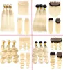 Zijdeachtig steil blond Maleisisch haargeweven bundels met frontale sluiting Pure kleur 613 blonde human hair extensions en kanten voorkant5771828