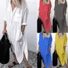Sıradan Elbiseler Yaz Gömlek Uzun Dres Kol Bölme Düğmesi 2023 Kadın Zarif Düz Renk Cep Gevşek 230403