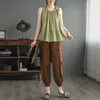 Tanks Femmes Vintage Coton Plissé Débardeurs Pour Femmes Casual O Cou Sans Manches Simple Pulls Gilet Y2K Été Solide Chic Lâche Camisole