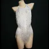 Stage Wear Sparkly Strass Blanc Gland Body Femmes Sexy Club Outfit Fringe Costume De Danse Une Pièce Spectacle Chanteur JustaucorpsStag266U