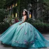 Aqua Blue Illusion Glänzende Applikationen Spitze Blume Quinceanera Kleid Ballkleid Schulterfrei Perlenkorsett Vestidos De Quinceanera