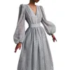 Robes décontractées Femmes Puff Sleeve Polka Dot Maxi Robe Élégante Soirée Formelle Été Dames Longue Profonde Col En V Robe