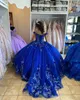 Sparkle Paillettes Quinceanera Dress 2023 Charro Mexican Prom Sweet 15/16 Girl Party Wear Abito vestido de 15 anos Fiori 3D Applique in pizzo floreale Corsetto Royal Blue Pink