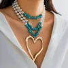 Hänghalsband lakteo flerskikt naturliga sten pärlor handgjorda sträng chokers imitation pärlhalsband med hjärtkvinnor krage smycken
