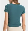 lu-374 Yoga Top Striped Rib Micropleated Waist Retractor Short Sleeve Sport Shirt High Stretch Nude Fit Slim Yoga T-shirt