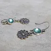 Dingle örhängen boho etnisk klar grön blå rund sten kvinnor tillbehör antik silver färg blommor metall teal gåva