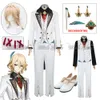 Cosplay Genshin Impact Kaveh Cosplay Kostüm Komplettset Weiße Anzüge Feder Ohrringe Haarnadeln Halloween Karneval Rollenspiel Outfit Perücke Schuhe