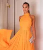 New High Collar Orange Women Evening Dress 2024 Sleeveless Buttons Zipper Back Ruched Chiffon Prom Formal Party Gowns robe de soriee