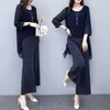 Pantalones de dos piezas para mujer Trajes de pantalón de gasa Trajes de pantalón para mujer para traje de madre de la novia Invitada de boda formal Pierna ancha a rayas Sueltas 3 conjuntos