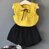 Clothing Sets Girls 2023 Summer Kid's Solid Color Doll Lace Led Short-Sleeved Shirt Shorts Two-Piece Suit