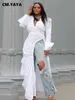 CM.YAYA Vintage Women Long Sleeve High Side Split Ruched Up Wrap Lapel Collar White Maxi Long Dress Fashion Street Dresses