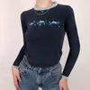 Women's T Shirts Vintage Clothes Y2K Retro Grunge Crop Tops Cute Dolphin Graphic Print Shirt Women Causual Long Sleeve Slim Fit Techwear