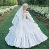 Vintage medeltida bröllopsklänning långa ärmar spetsar applikationer från axelgotiska brudklänningar tiered prinsessa trädgård vestido de novia
