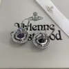 Desginer Viviene Westwoods Empress Dowager Full Diamond 3d Earth Planet Earrings Female Vivian Punk Purple Planet UFO Earrings High Edition