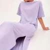 Casual Dresses 94 Cotton Summer Women's Solid Short Sleeve Spilt Long Midi Dress Fashion Sundress Female Clothing 230403