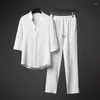 Men's Casual Shirts Men's 2 Pieces Linen Set Summer Outfits Ice Silk Two Piece Suit Thin Short Sleeve T Shirt Plus Size Trousers